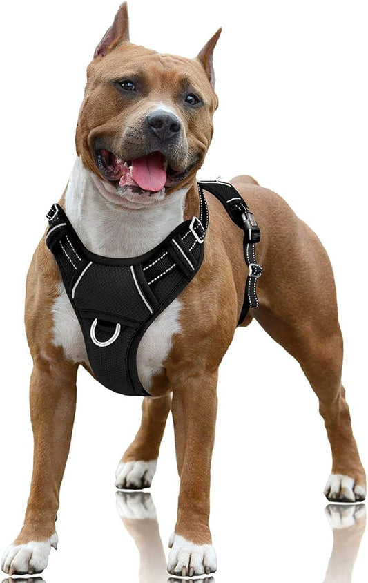 BARKBAY No Pull Dog Harness Large Reflective Dog Harness with Front Clip and Easy Control Handle for Walking Training Running with ID tag Pocket(Black,L) BARKBAY