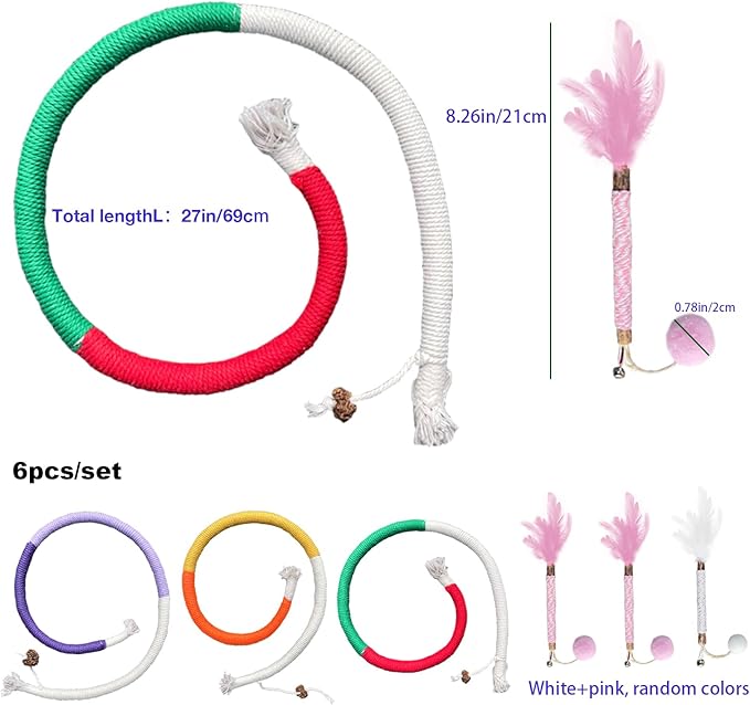 AcceLeah Cat Worm Toy Refills Cats Teaser Toys Wand Replacement,Cat Worms and Dragonfly Refill,Cat Wand Toy Assorted Teaser Refills with Bell (6Pcs Random Color Set) - PAWPICO