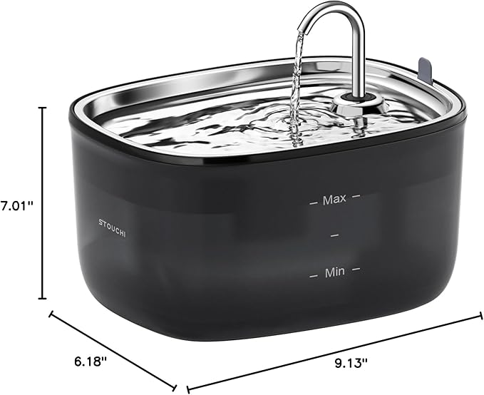 Stouchi Cat Water Fountain 85oz/2.5L, Stainless Steel Faucet Pet Water Fountain for Cats Inside with Led Light, Automatic Cat Water Dispenser Bowl, Cat Waterer Fountain for Multiple Pets, Black - PAWPICO