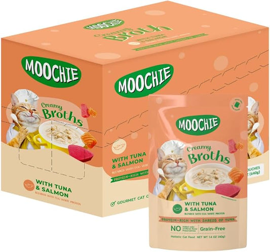 MOOCHIE Grain Free Creamy Broth for Cats - Made with Real Salmon & Tuna - No Artificial Flavors or Preservatives - 16 x 1.4 oz Pouch - PAWPICO