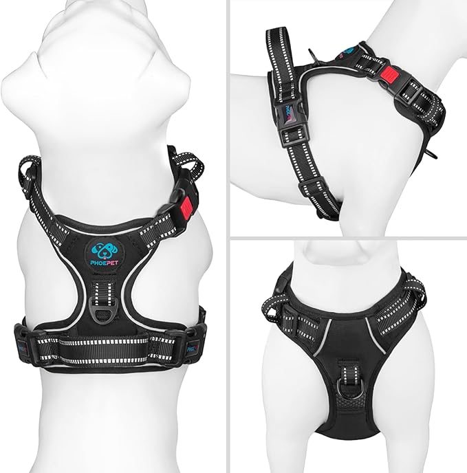 PHOEPET Reflective Dog Harness Large Breed Adjustable No Pull Vest with with Handle 2 Metal Rings 3 Buckles [Easy to Put on & Take Off](L, Black) - PAWPICO