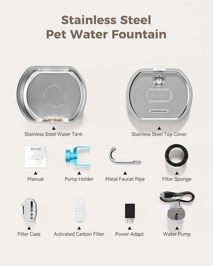 Cat Water Fountain Stainless Steel: 108oz/3.2L Cat Fountain for Drinking- Pet Water Fountain for Cats Inside - Automatic Cat Water Dispenser Bowl - Cat Feeding & Watering Supplies - Water Level Window - PAWPICO