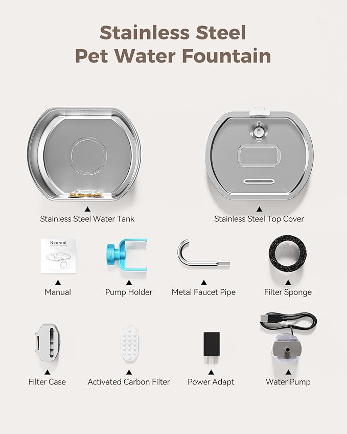 Cat Water Fountain Stainless Steel: 108oz/3.2L Cat Fountain for Drinking- Pet Water Fountain for Cats Inside - Automatic Cat Water Dispenser Bowl - Cat Feeding & Watering Supplies - Water Level Window - PAWPICO