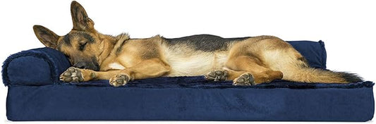 Furhaven Orthopedic Dog Bed for Large Dogs w/ Removable Bolsters & Washable Cover, For Dogs Up to 95 lbs - Plush & Velvet L Shaped Chaise - Deep Sapphire, Jumbo/XL - PAWPICO