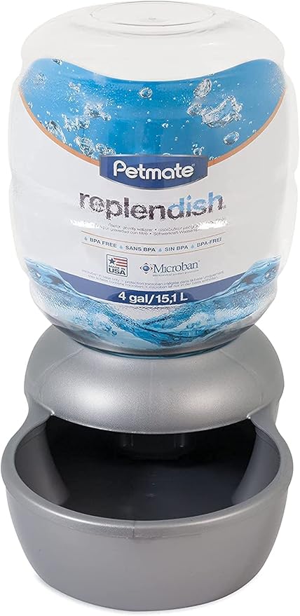 Petmate Replendish Gravity Waterer with Microban for Cats and Dogs, 4 Gallons,Silver, Made in USA - PAWPICO