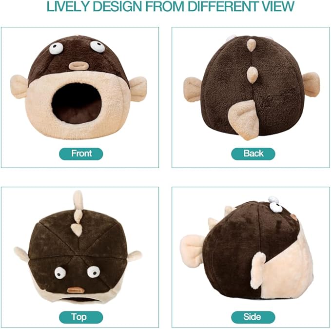 Cat Beds for Indoor Cats - Cat Bed Cave with Removable Washable Cushioned Pillow, Soft Plush Premium Cotton No Deformation Pet Bed, Lively Pufferfish Cat House Design, Brown, Multiple Sizes(S) - PAWPICO