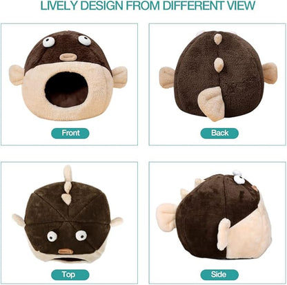 Cat Beds for Indoor Cats - Cat Bed Cave with Removable Washable Cushioned Pillow, Soft Plush Premium Cotton No Deformation Pet Bed, Lively Pufferfish Cat House Design, Brown, Multiple Sizes(S) - PAWPICO