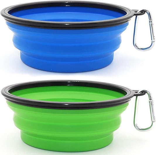 Collapsible Bowls, 2 Pack Water Bowls for Cats Dogs, Portable Pet Feeding Watering Dish for Walking Parking Traveling with 2 Carabiners (Large, Blue+Green) - PAWPICO