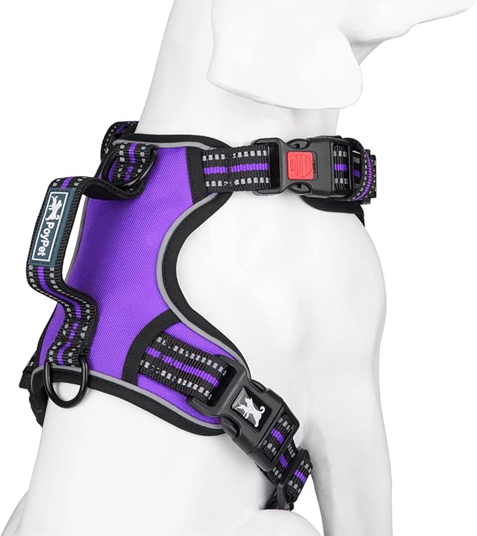 PoyPet No Pull Dog Harness, No Choke Front Clip Reflective Dog Vest with Soft Padded Vertical Handle, 3 Leash Attachments for Small Medium Large Dogs (Purple,S) PoyPet