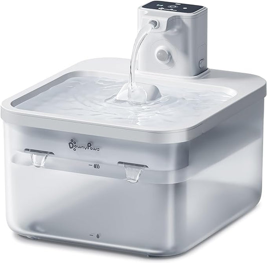 DownyPaws Battery Operated Cat Water Fountain, 84oz/2.5L Fursink Wireless Pet Water Fountain for Cats Inside, Automatic Dog Water Dispenser with Motion Sensor, Ultra Quiet Pump, BPA-Free, White - PAWPICO