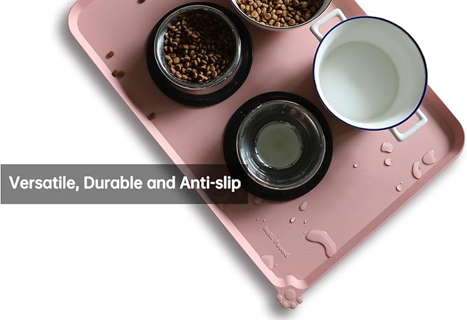 Hoki Found Large Silicone Pet Food Mats Tray - Non Slip Pet Dog Cat Bowl Mats Placemat - Dog Pet Cat Feeding Mat - Waterproof Dog Cat Food Mats -Pet Water Mats for Floors - Neutral Pink - PAWPICO