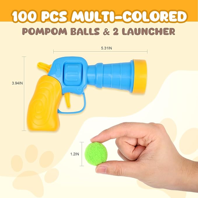 Cat Toy Balls with Launchers Set (1+50), 50 Cat Pom Pom Balls & 1 Cat Toy Ball Launchers (Durable Reinforced Edition), Cat Enrichment Toys, Interactive Cat Toy Balls, Soft & Safe Cat Toys - PAWPICO