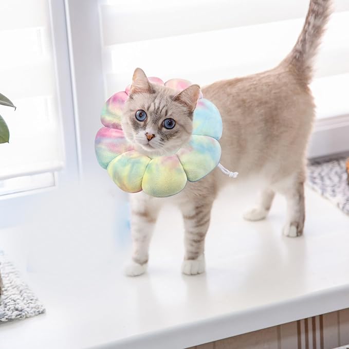 Flower Cat Cone, Uadonile Adjustable Cat Cone Collar, Soft Dog Elizabethan Collar Recovery E Collar After Surgery, Recovery E-Collar for Kittens/Puppies and Cats Recovery(Tie-dye Pink Blue, M) Uadonile