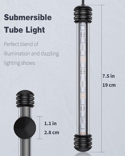 Pawfly 1.8 W Aquarium LED Light 7.5 Inch Underwater Fish Tank Light with Timer Auto On/Off Fish Tank Background Light with 8 Lighting Modes Submersible Multi-Colored Tube Light for Decoration Pawfly