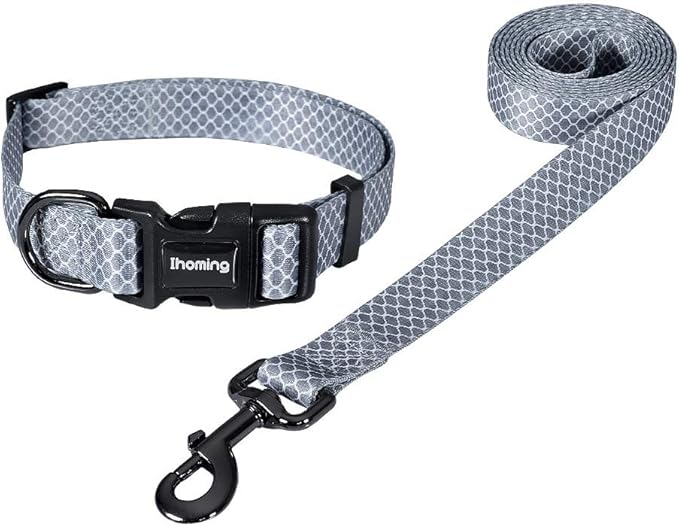 Ihoming Dog Collar and Leash Set for Daily Outdoor Walking Running Training, Moroccan Grey Design for Large Boys Girls Dogs Cats Pets, L-Up to 80LBS Ihoming