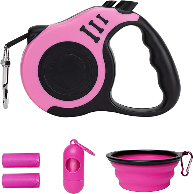 Retractable Dog Leash Automatic Telescopic Tractor Dog Tape, Pet Tape 10/16 FT Durable and Convenient, with Folding Bowl, Dispenser, Rubbish Bags, Suitable for Small and Medium Dogs LIEVUIKEN