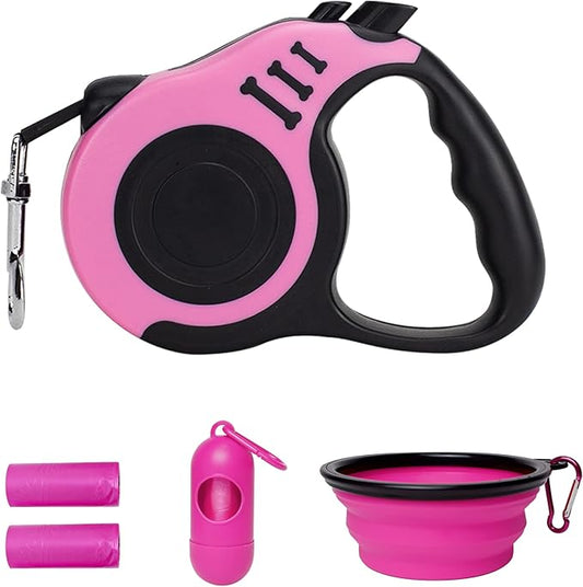Retractable Dog Leash Automatic Telescopic Tractor Dog Tape, Pet Tape 10/16 FT Durable and Convenient, with Folding Bowl, Dispenser, Rubbish Bags, Suitable for Small and Medium Dogs LIEVUIKEN
