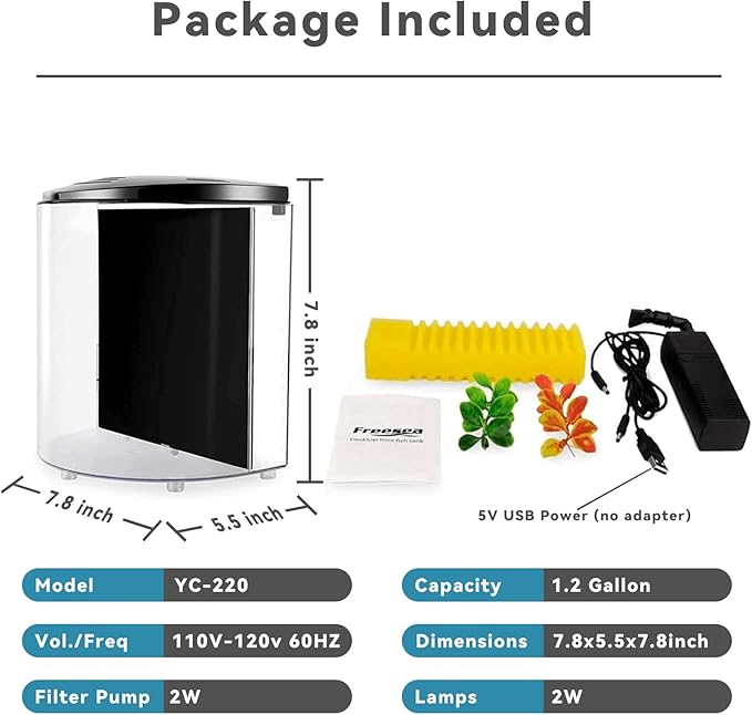 Small Fish Tank 1.2 Gallon Aquarium Starter Kit for Home, Office, Room, Decorative Desktop, Betta Fish Tank with Filter and Light for Shrimp, Jellyfish, Goldfish Yochaqute