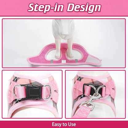 EXPAWLORER Classic Plaid Puppy Harness - Small Dog Harness and Leash Set - Dog Collar and Leash Set with AirTag Holder, Soft Padded Step in Dog Vest Harness No Pull Reflective for Outdoor, Pink XS EXPAWLORER