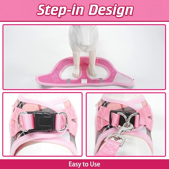EXPAWLORER Classic Plaid Puppy Harness - Small Dog Harness and Leash Set - Dog Collar and Leash Set with AirTag Holder, Soft Padded Step in Dog Vest Harness No Pull Reflective for Outdoor, Pink M EXPAWLORER