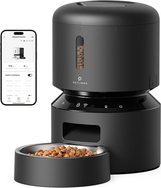 PETLIBRO Automatic Cat Feeder, 5G WiFi Automatic Pet Feeder with Freshness Preservation, 3L Timed Cat Feeders for Dry Food, Up to 48 Portions 10 Meals Per Day, Granary Pet Feeder for Cat/Dog, Black - PAWPICO