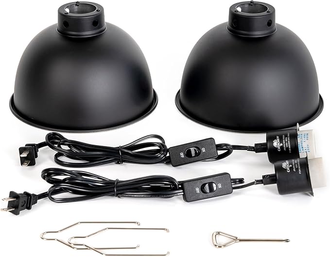 2 Pack Reptile Light Fixture, 8.5in Deep Dome Reptile Lamp Fixture, Optical Reflection Cover, Separate Switche & Hook, Terrarium Light Fixture for Reptile Heat Basking UVB Bulbs, 150W, Black CAVACHEWReptileSupplies