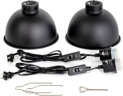 2 Pack Reptile Light Fixture, 8.5in Deep Dome Reptile Lamp Fixture, Optical Reflection Cover, Separate Switche & Hook, Terrarium Light Fixture for Reptile Heat Basking UVB Bulbs, 150W, Black CAVACHEWReptileSupplies