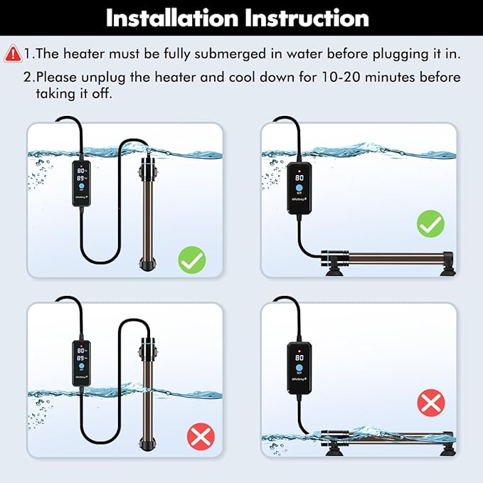 Orlushy 500W Submersible Aquarium Heater, Adjustable Fish Tank Heater with Digital Display External Controller, Overheat Protection and Free Thermometer for 55-80 Gallons Freshwater and Saltwater Tank Orlushy