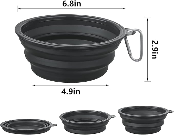 Dog Bowl Pet Collapsible Bowls, 2 Pack Collapsible Dog Water Bowls for Cats Dogs, Portable Pet Feeding Watering Dish for Walking Parking Traveling with 2 Carabiners (Large, Black+Black) - PAWPICO