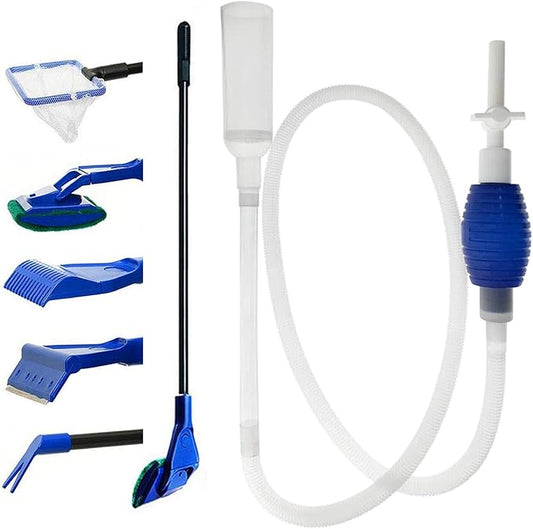 GreenJoy Aquarium Fish Tank Cleaning Kit Tools Algae Scrapers Set 5 in 1 & Fish Tank Gravel Cleaner - Siphon Vacuum for Water Changing and Sand Cleaner (Cleaner Set) GreenJoy