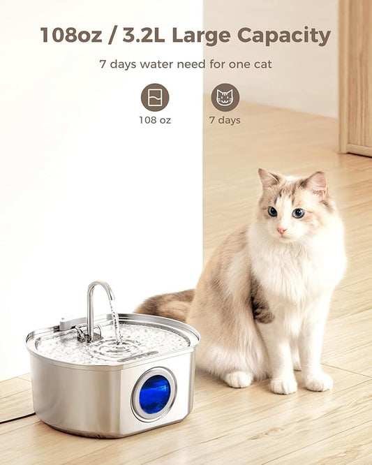 Cat Water Fountain Stainless Steel: 108oz/3.2L Cat Fountain for Drinking- Pet Water Fountain for Cats Inside - Automatic Cat Water Dispenser Bowl - Cat Feeding & Watering Supplies - Water Level Window - PAWPICO