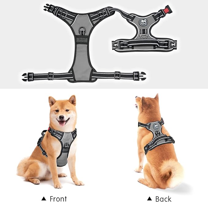 PoyPet Dog Harness No Pull, Reflective Adjustable No Choke Pet Vest with Front & Back Clips, Soft Padded and Control Training Handle for Large Dogs(Grey,XL) PoyPet