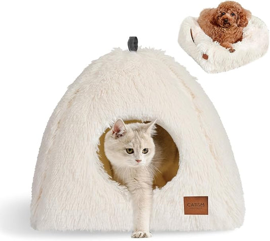 CATISM Cat Bed, Cat Cave for Indoor Cats, Soft Cat Dome, Self-Warming 2 in 1 Foldable Pet Cat House with Washable Cushioned Pillow Calming Fluffy Dog Beds for Small Dogs with Anti-Slip Bottom White - PAWPICO