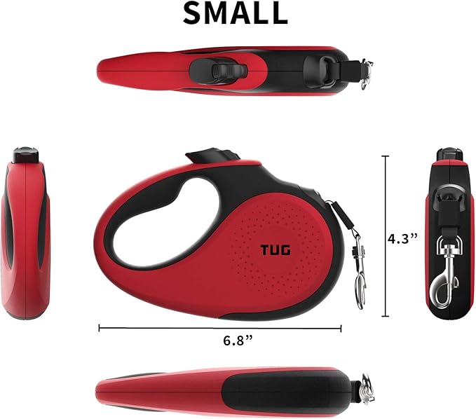 TUG 360° Tangle-Free Retractable Dog Leash with Anti-Slip Handle | 16 ft Strong Nylon Tape | One-Handed Brake, Pause, Lock (Small, Red) TUG