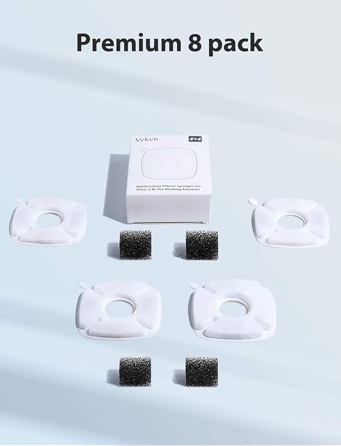 Veken Cat Water Fountain Filter, Classic 4 Pack Replacement Filters & 4 Pack Replacement Pre-Filter Sponges for 67oz, 95oz, 135oz Automatic Pet Fountain Dog Water Dispenser - PAWPICO