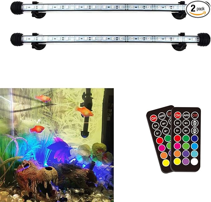 LED Aquarium Light, 2 Pack 15 inches Fish Tank Light RGB Color Underwater Light Submersible Crystal Glass Lights, 42 LED Beads, Brightness Adjustable Memory Function, LED Light bar Stick COVOART