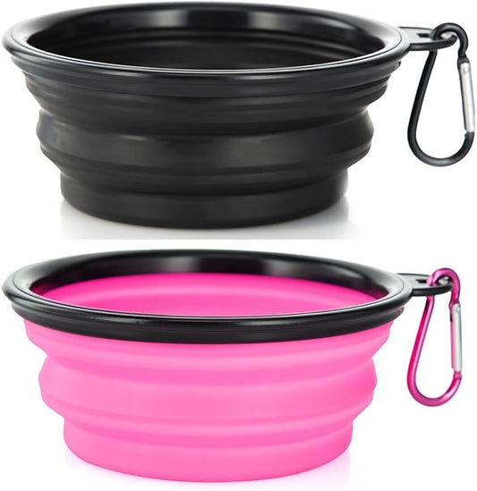 Dog Bowl Pet Collapsible Bowls, 2 Pack Collapsible Dog Water Bowls for Cats Dogs, Portable Pet Feeding Watering Dish for Walking Parking Traveling with 2 Carabiners (Small, Black & Pink) - PAWPICO
