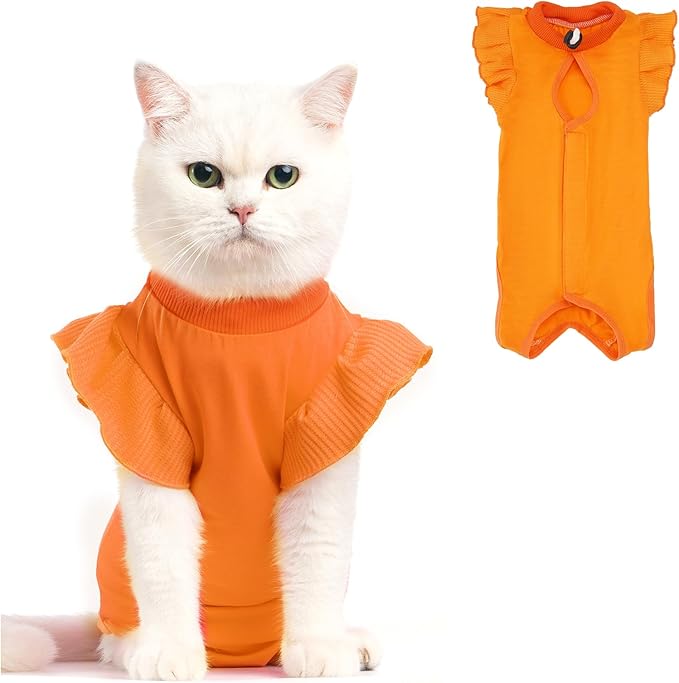 Avont Cat Recovery Suit - Post-Surgery Onesie for Cats, Alternative to Cone of Shame, Protective Spay Suit for Female Kitten, Ideal for Healing and Skin Conditions -Orange(S) Avont