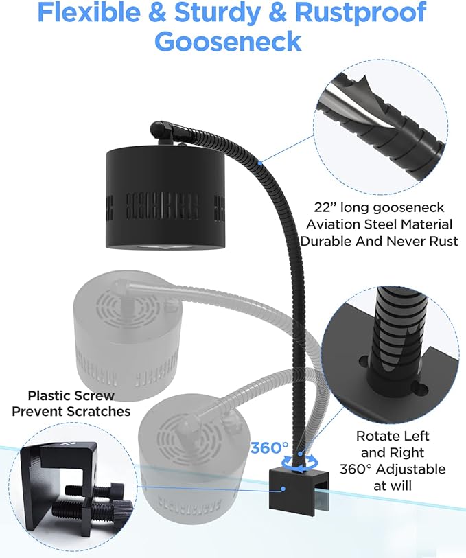 Lominie Aquarium LED Light 10 Gallon Fish Tank Light Timer Clip on Aquarium Lamp Full Spectrum 80W 6500k for Freshwater Refugium Cube Tank with Gooseneck Lominie