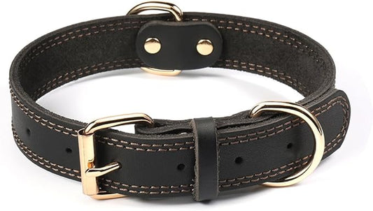 Dog Collar, Genuine Leather Dog Collar, Heavy Duty Dog Collar, Wide Dog Collar for Small Dog, Medium Dog, Large Dog and Extra Large Dog (M: 1" Wide for 15.2"-19.2" Neck, Dual Stitch - Black) DAIHAQIKO