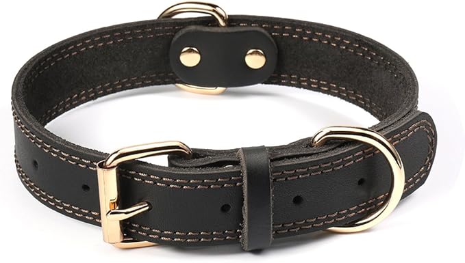 Dog Collar, Genuine Leather Dog Collar, Heavy Duty Dog Collar, Wide Dog Collar for Small Dog, Medium Dog, Large Dog and Extra Large Dog (L: 1.2" Wide for 16.2"-22" Neck, Dual Stitch - Black) DAIHAQIKO