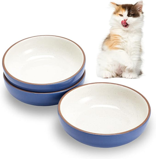 5.19 in Ceramic Cat Dishes, Howise Shallow Cat Food Bowls Small Pet Bowls Cat Food Dish for Food and Water, 3 Pack Ceramic Cat Bowls, Navy - PAWPICO