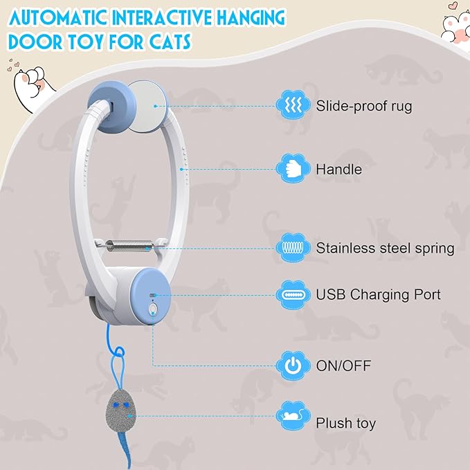 Cat Toy Interactive for Indoor Cats, Smart USB Rechargeable Door Hanging Automatic Retractable Kitten Toys, Teaser Electronic Self Play Feather Cat String Toy Attached with 3 Catnip Mice White - PAWPICO