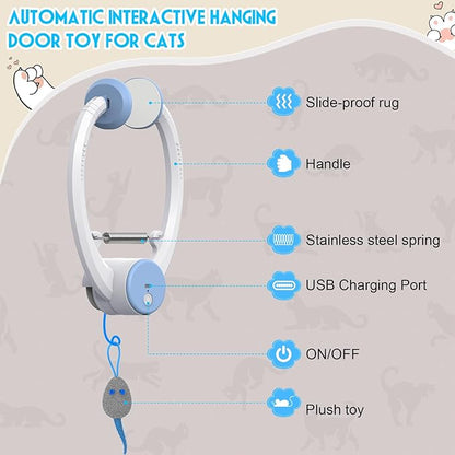 Cat Toy Interactive for Indoor Cats, Smart USB Rechargeable Door Hanging Automatic Retractable Kitten Toys, Teaser Electronic Self Play Feather Cat String Toy Attached with 3 Catnip Mice White - PAWPICO