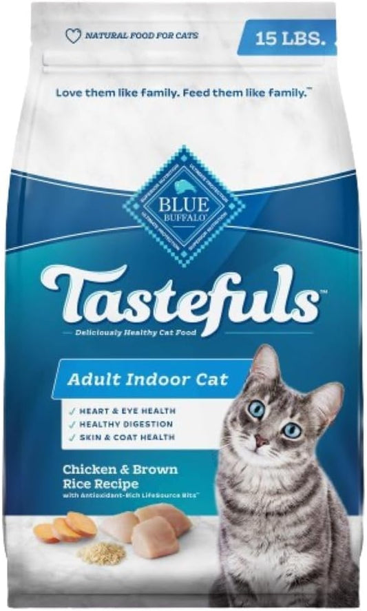 Blue Buffalo Tastefuls Natural Dry Food for Adult Indoor Cats, Chicken & Brown Rice Recipe, 15-lb. Bag - PAWPICO