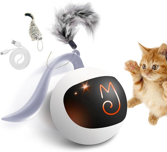 Migipaws Interactive Cat Ball Toy Set, Fun Tracker, Automatic Rolling Chase Ball with Fluffy Tail, A Small Mice, Rechargeable（White） - PAWPICO