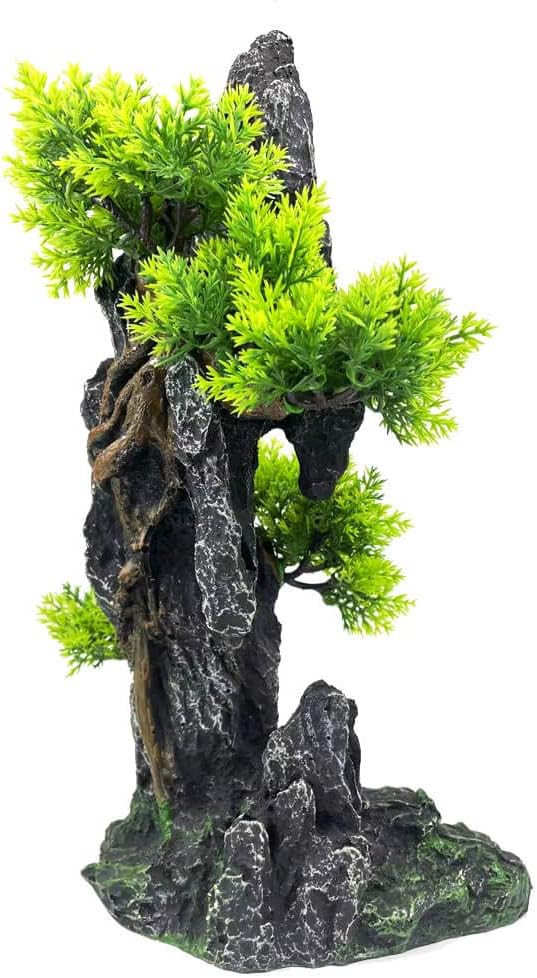 Aquarium Mountain View Stone Ornament Tree Rock Cave - Aquarium Decorations Large and Tall Fish Tank Decorations for Large Fish Tank - 13.4 Inches High GOLOMOZ