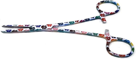 Dog Pet Ear/Nose Hair Puller Grooming Hemostat Locking Forceps Pliers, 5.5" (14cm), Straight (White Multi Paws) A2Z+SCILAB