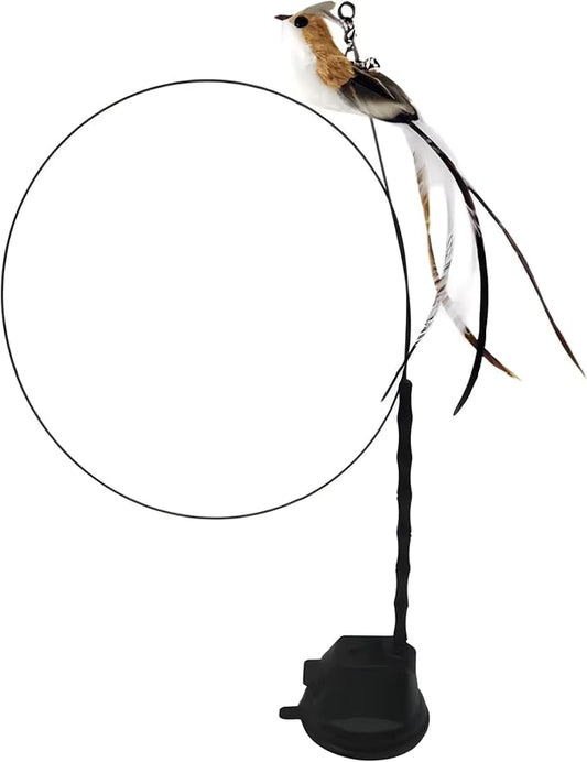 Interactive Suction Cup Cat Toy for Indoor Cat, Long Tail Feather Bird, Spring Wire Suctions to Ground, Hands Free Bird Simulation Cat Toy Wand Set that Sticks to Floor, Feathers & Bells - PAWPICO