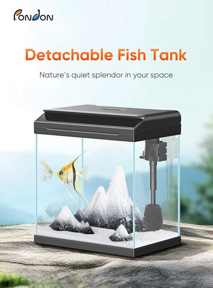 PONDON 4 Gallon Fish Tank with Detachable Lid, Low-Iron Glass Aquarium Starter Kit with LED Light, Beginner-Friendly Betta Aquarium with Removable Filtration PONDON